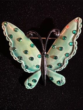 Vintage HAR Butterfly Brooch Pin Signed Hargo Creations Green Enamel Rhinestone